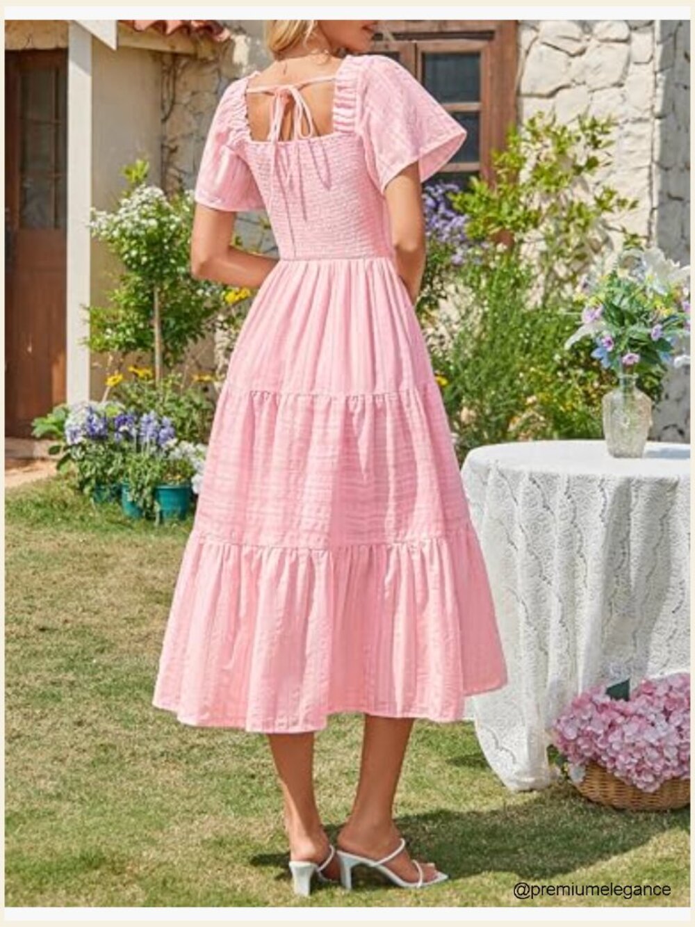 Summer Midi Dress with Pockets, Smocked Bust, Ruffle Tiered Boho Style - Picture 4 of 7